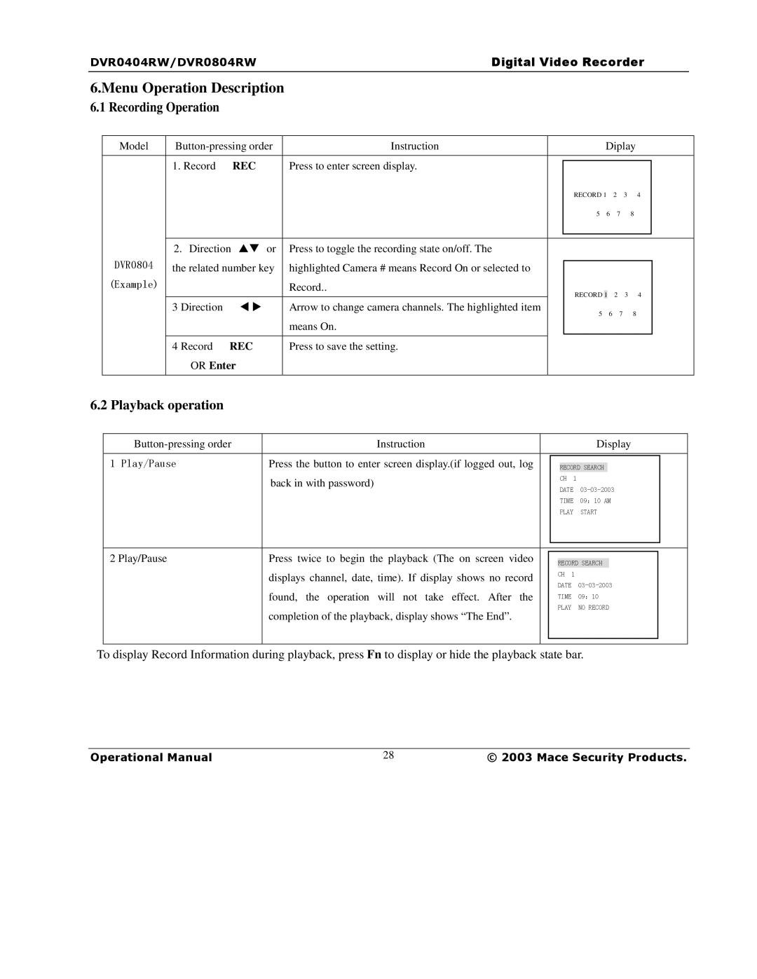 Mace DVR0404RW, DVR1604RW, DVR0804RW manual Menu Operation Description 6.1 Recording Operation, Playback operation 