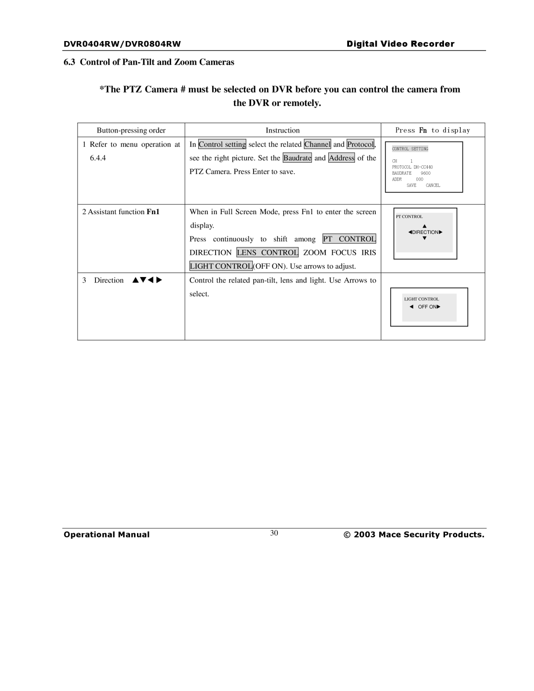 Mace DVR1604RW, DVR0404RW manual Control of Pan-Tilt and Zoom Cameras, PT Control Direction Lens Control Zoom Focus Iris 