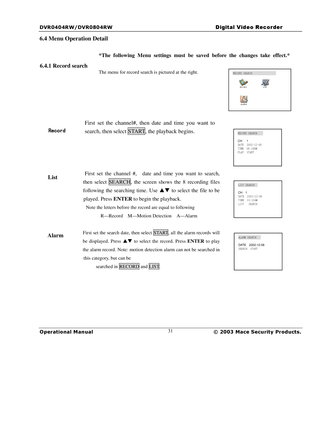 Mace DVR0404RW, DVR1604RW, DVR0804RW manual Record search, List Alarm 