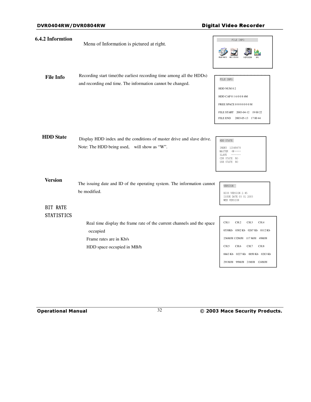 Mace DVR0804RW, DVR1604RW, DVR0404RW manual Informtion, File Info, HDD State Version 