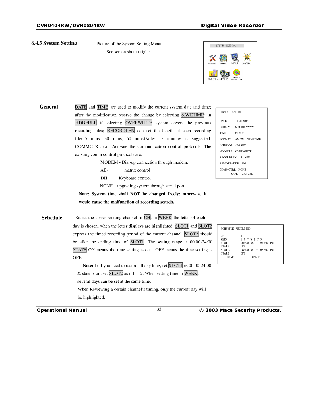 Mace DVR1604RW, DVR0404RW, DVR0804RW manual System Setting, General, Schedule 