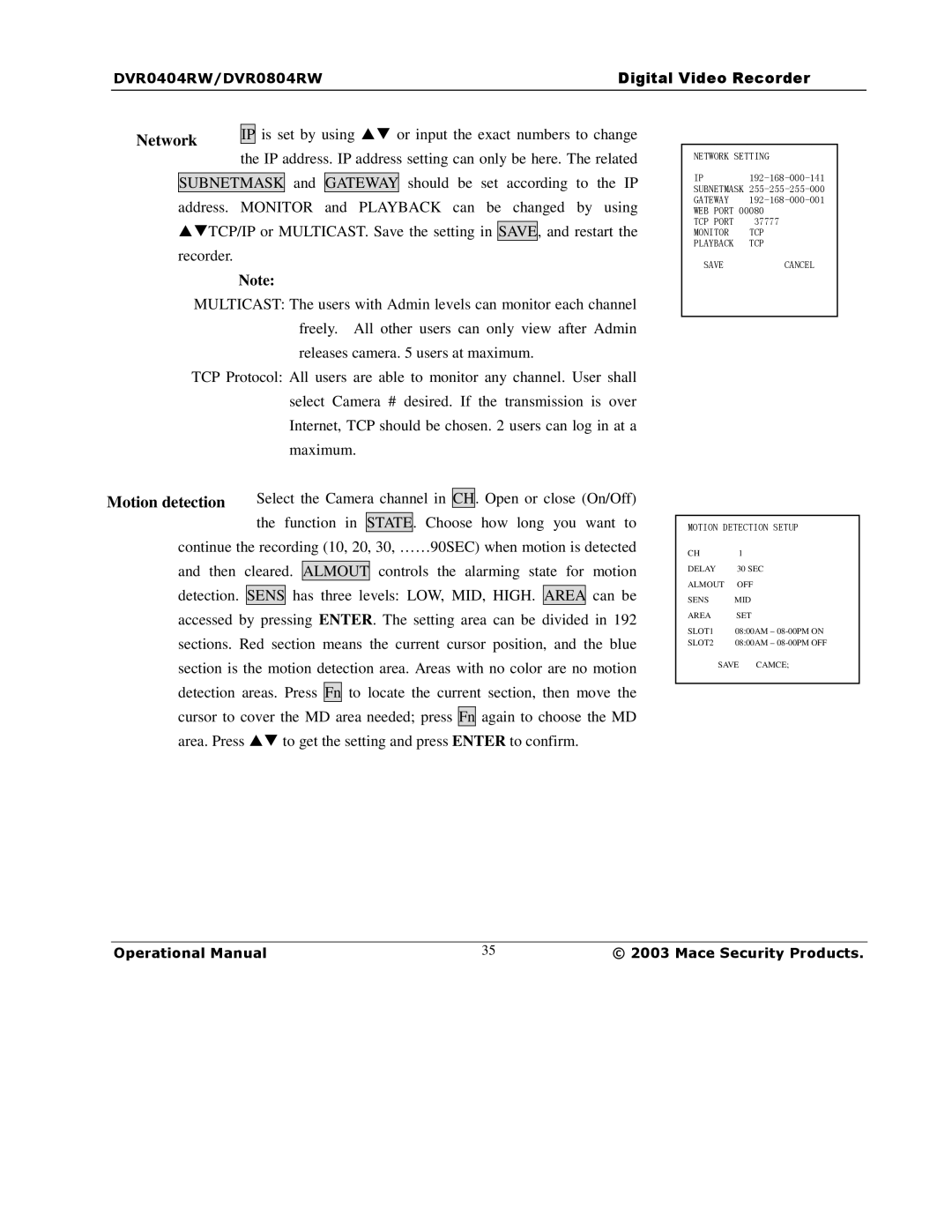Mace DVR0804RW, DVR1604RW, DVR0404RW manual Network, Motion detection 