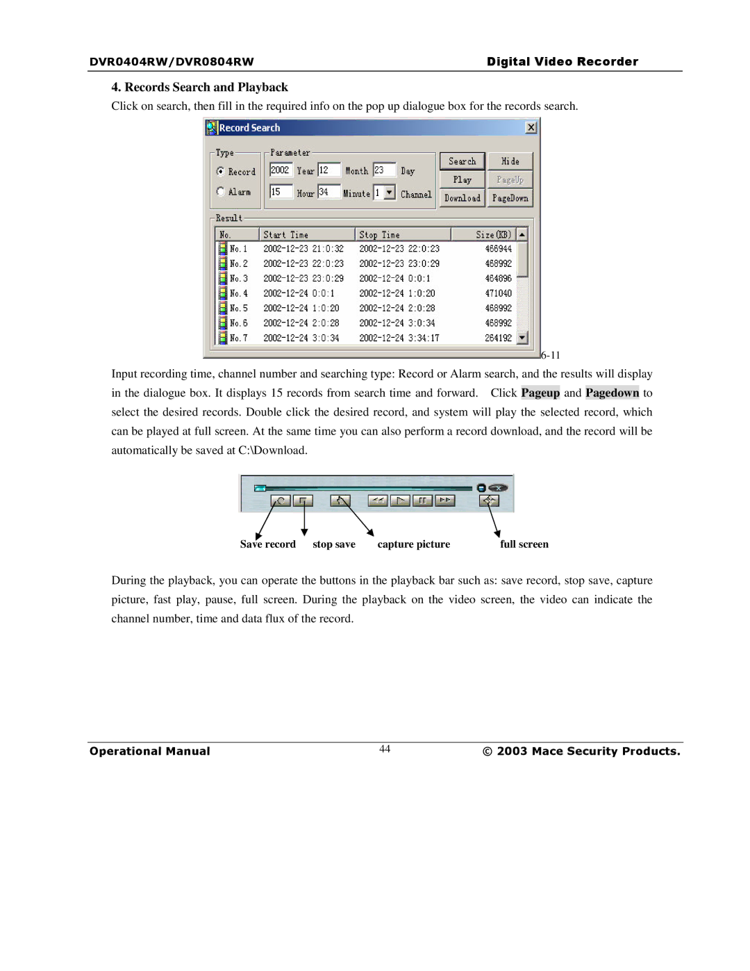 Mace DVR0804RW, DVR1604RW, DVR0404RW manual Records Search and Playback 