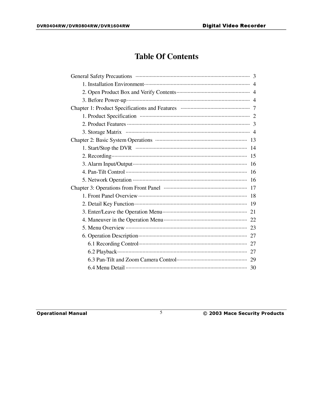 Mace DVR0804RW, DVR1604RW, DVR0404RW manual Table Of Contents 