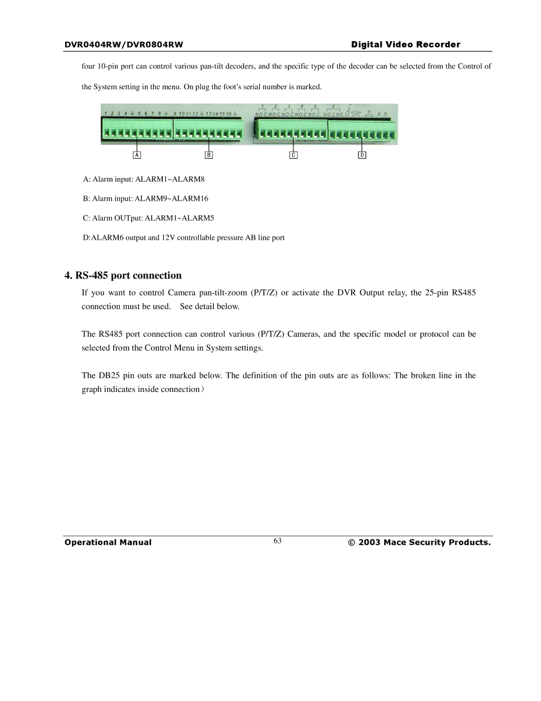 Mace DVR1604RW, DVR0404RW, DVR0804RW manual RS-485 port connection 