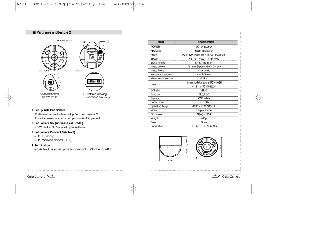 Mace SP-700 Detailed Drawing, Set up Auto Pan Sphere, Set Camera No. Address,Last Grade, Set Camera Protocol.S/W No.9 