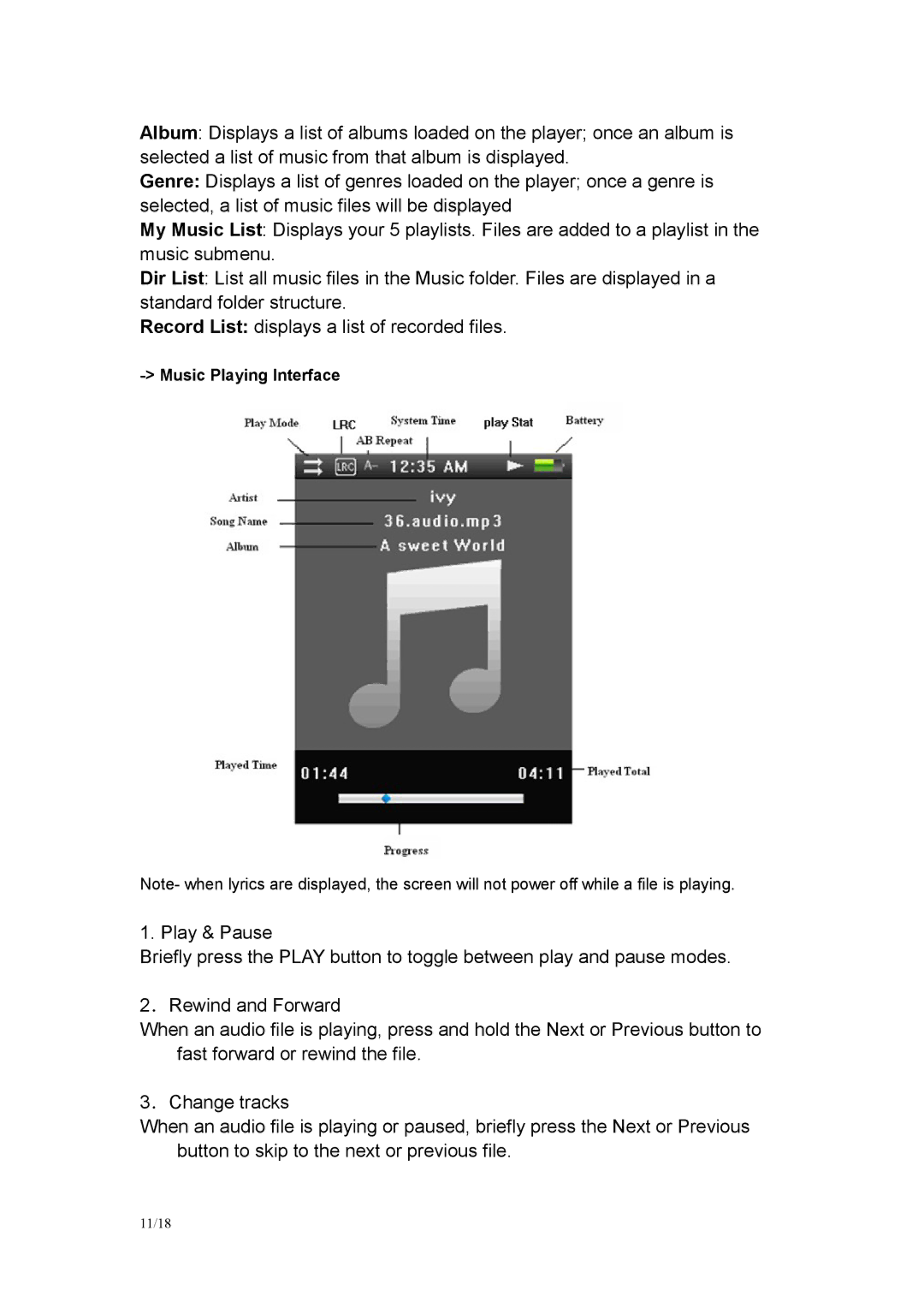 Mach Speed Technologies G2 instruction manual Music Playing Interface 