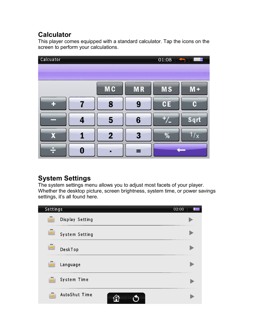 Mach Speed Technologies T4300HD instruction manual Calculator, System Settings 