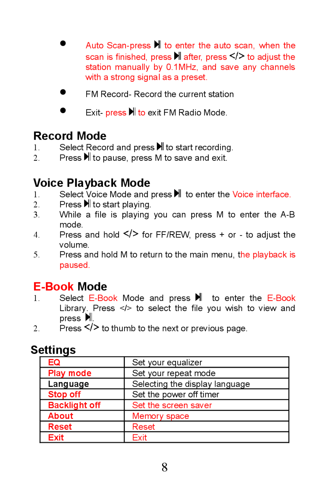 Mach Speed Technologies TRIO-V818 manual Record Mode, Voice Playback Mode, Settings 