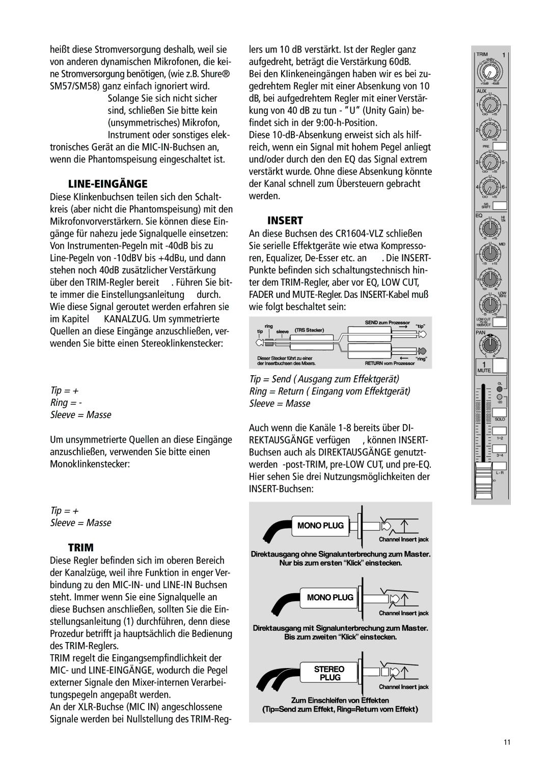 Mackie 1604-VLZ manual Line-Eingänge, Insert, Trim 