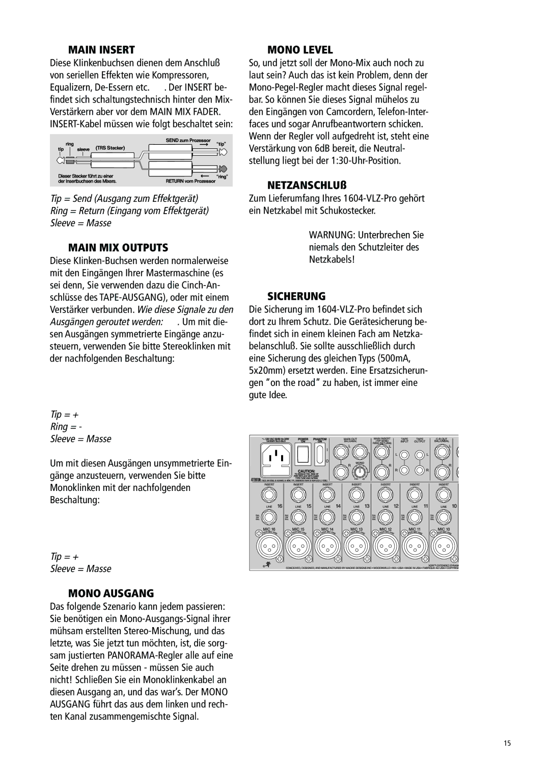 Mackie 1604-VLZ manual Main Insert, Main MIX Outputs, Mono Ausgang, Mono Level, Sicherung 