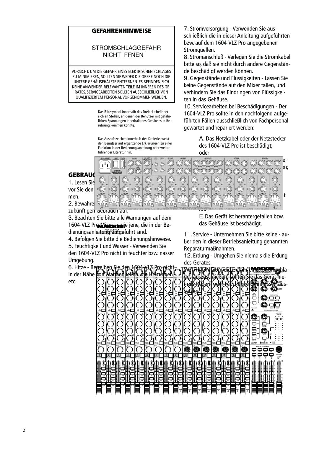 Mackie 1604-VLZ manual Gefahrenhinweise, Gebrauchshinweise 