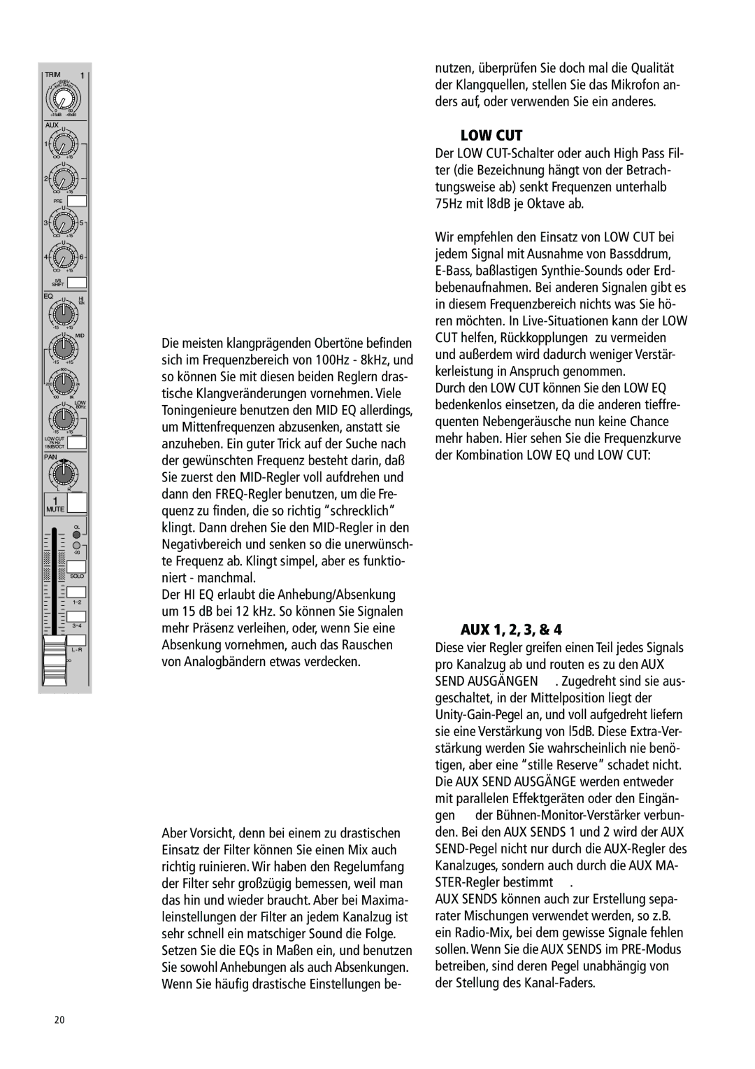 Mackie 1604-VLZ manual Low Cut, AUX 1, 2, 3 