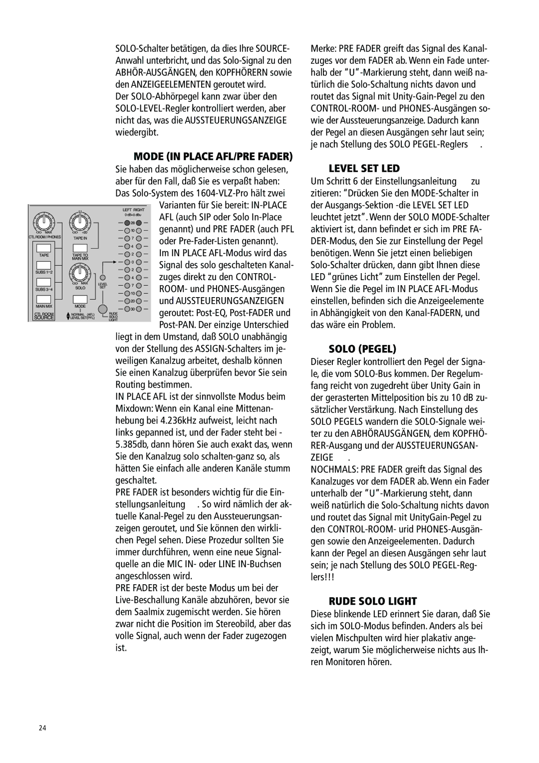 Mackie 1604-VLZ manual Level SET LED, Solo Pegel, Rude Solo Light, Zuges direkt zu den Control 