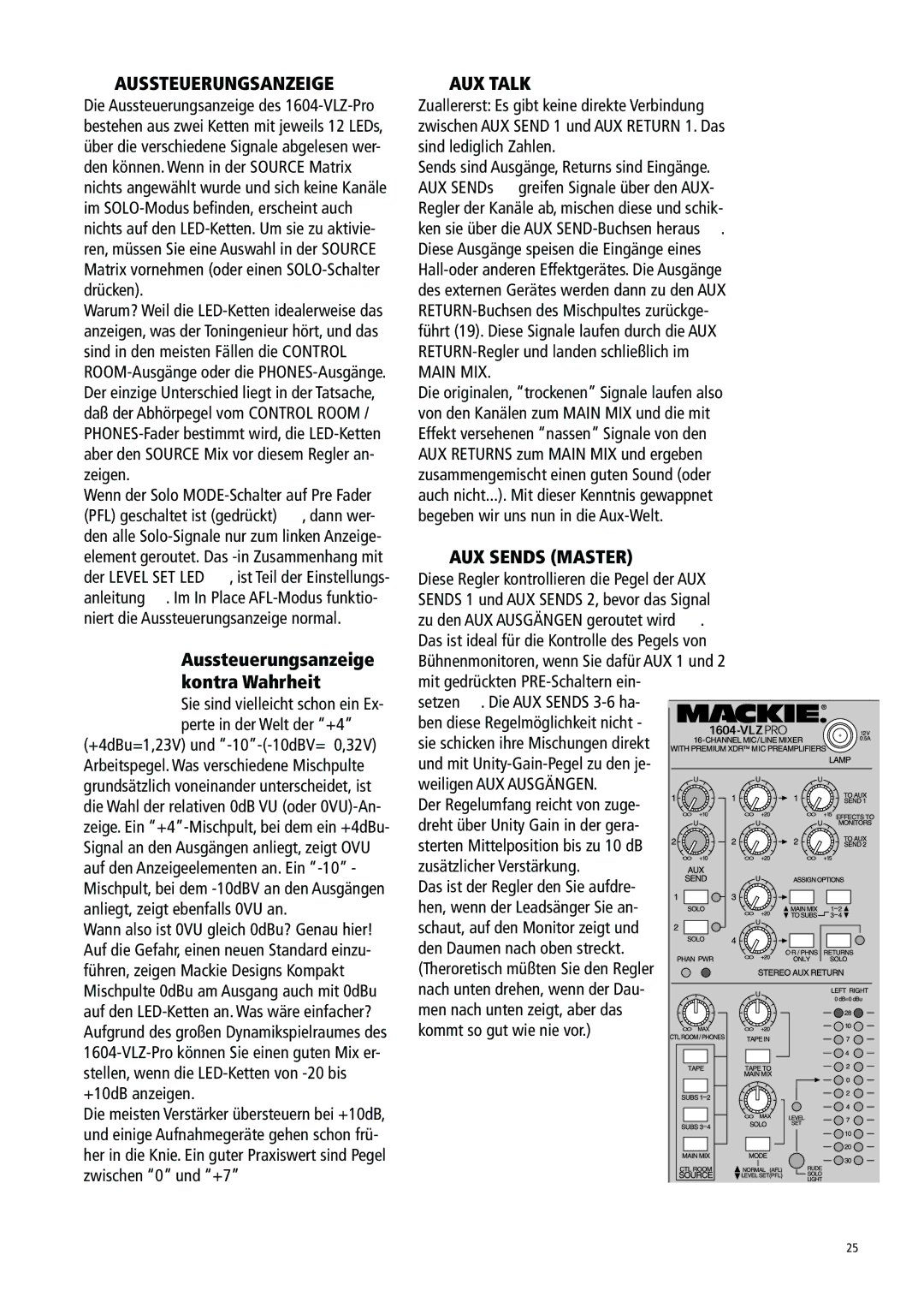 Mackie 1604-VLZ manual Aussteuerungsanzeige, AUX Talk, AUX Sends Master 