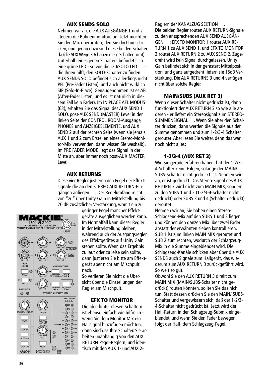 Mackie 1604-VLZ manual AUX Sends Solo, AUX Returns, EFX to Monitor, Main/Subs Aux Ret 