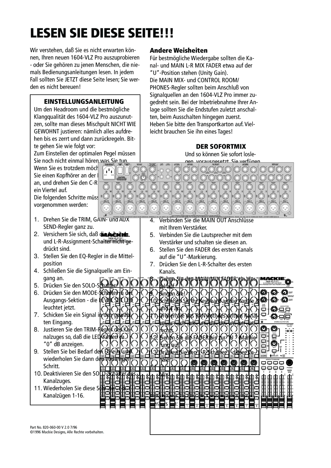 Mackie 1604-VLZ manual Lesen SIE Diese Seite, Einstellungsanleitung, Andere Weisheiten, DER Sofortmix 