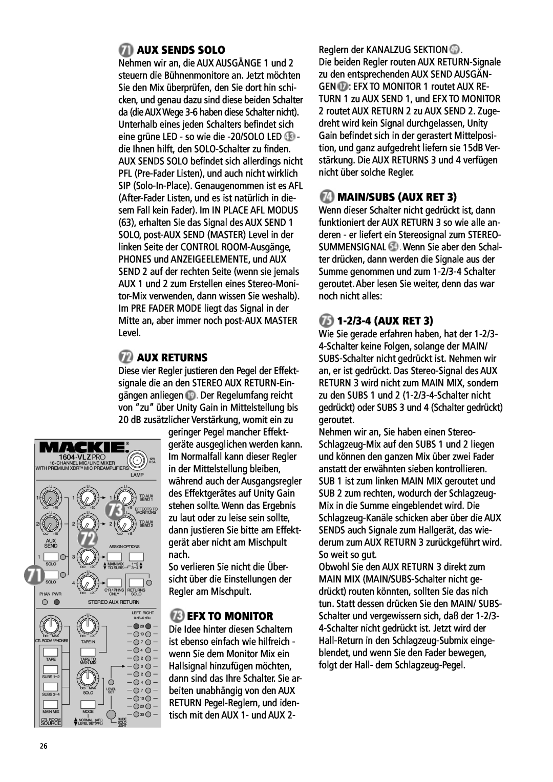 Mackie 1604-VLZ manual Aux Sends Solo, Aux Returns, Efx To Monitor, Main/Subs Aux Ret, 1-2/3-4 AUX RET 