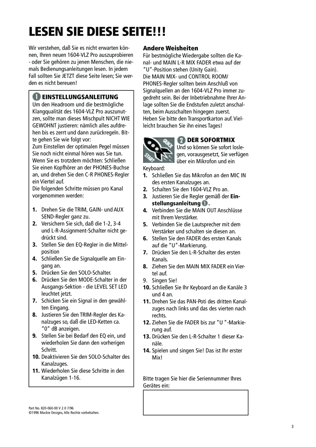 Mackie 1604-VLZ manual Lesen Sie Diese Seite, Einstellungsanleitung, Andere Weisheiten, Der Sofortmix 
