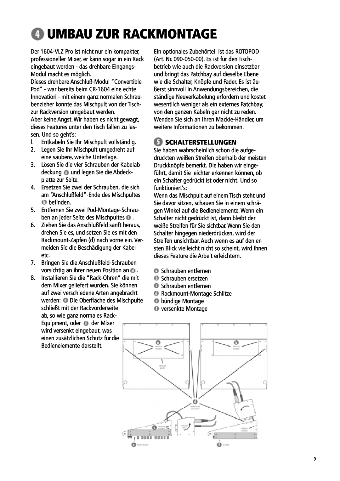 Mackie 1604-VLZ manual Umbau Zur Rackmontage, Schalterstellungen 