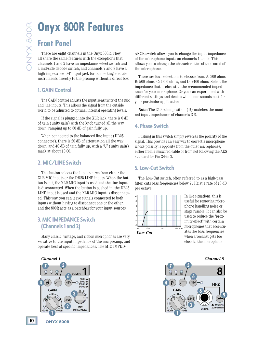 Mackie 800R owner manual Front Panel, Gain Control, MIC/LINE Switch, Phase Switch, Low-Cut Switch 