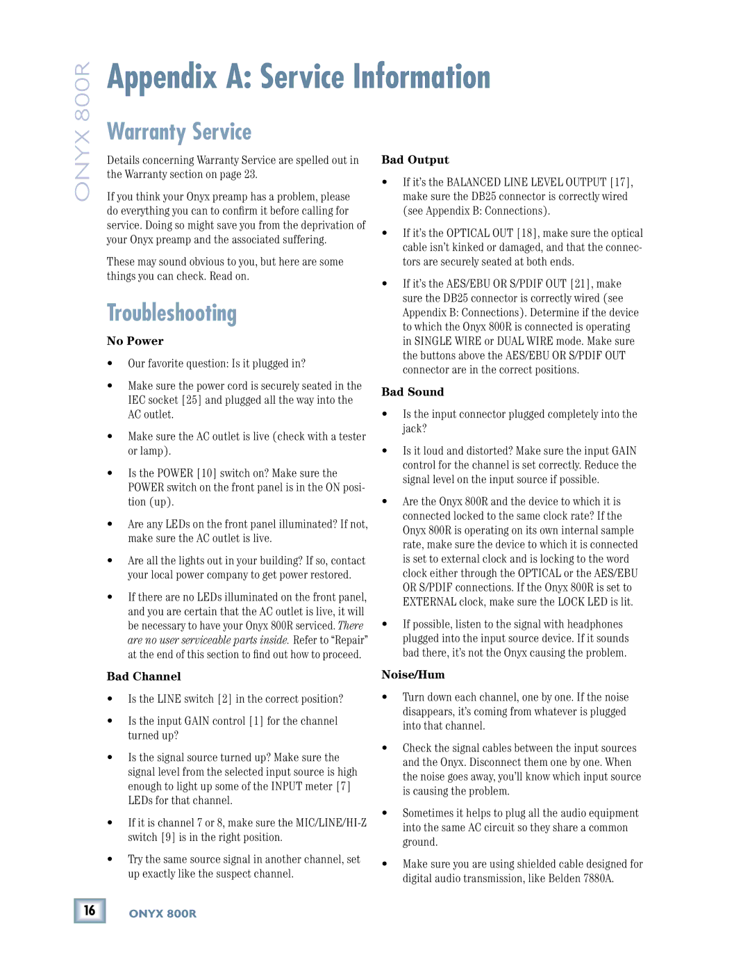 Mackie 800R owner manual Appendix a Service Information, Warranty Service, Troubleshooting 