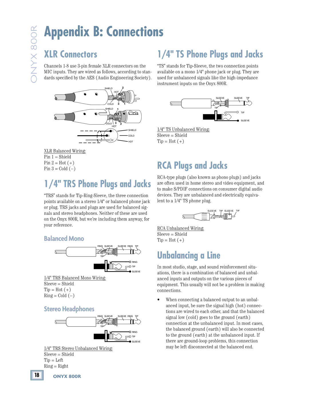 Mackie 800R owner manual Appendix B Connections, XLR Connectors, RCA Plugs and Jacks, Unbalancing a Line 