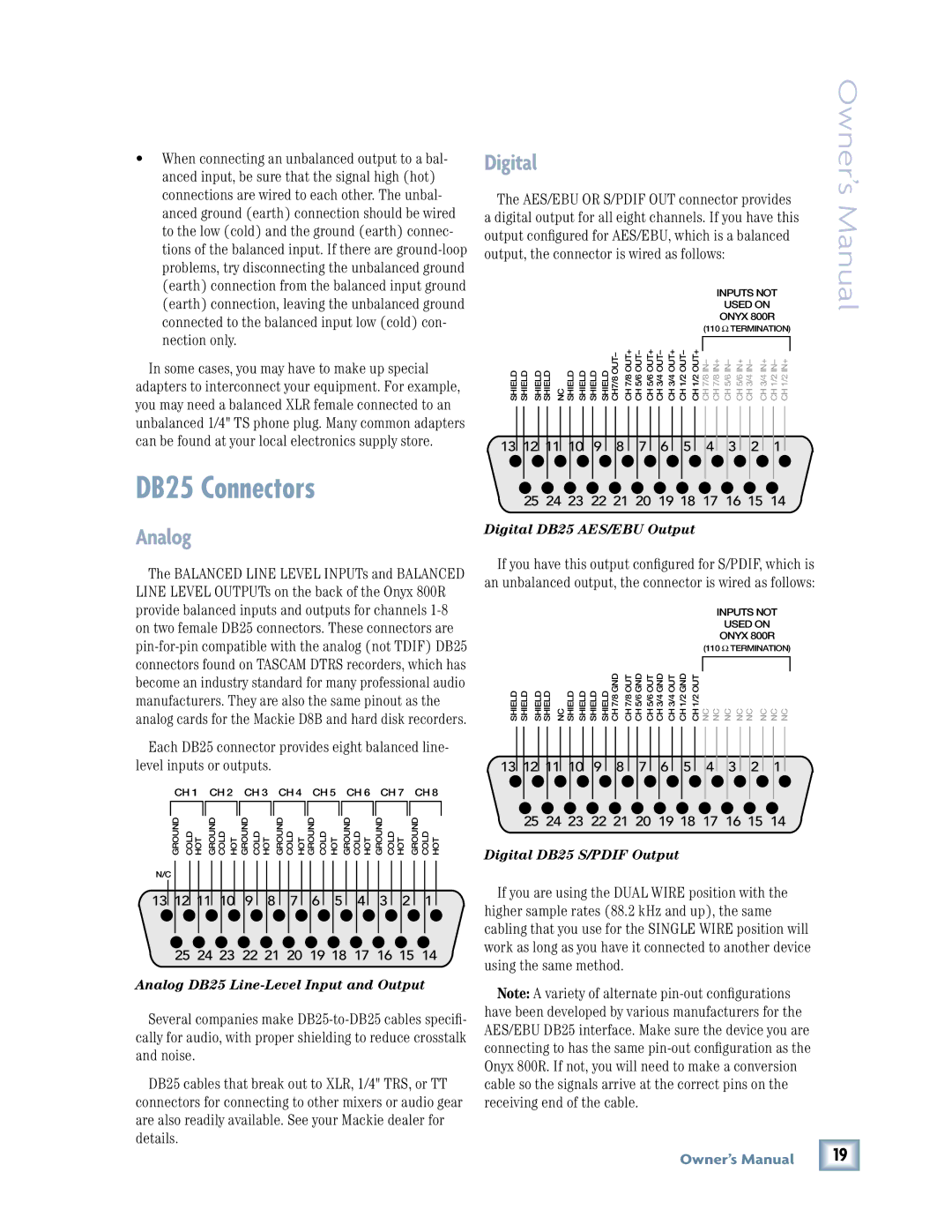 Mackie 800R owner manual DB25 Connectors, Analog, Digital 