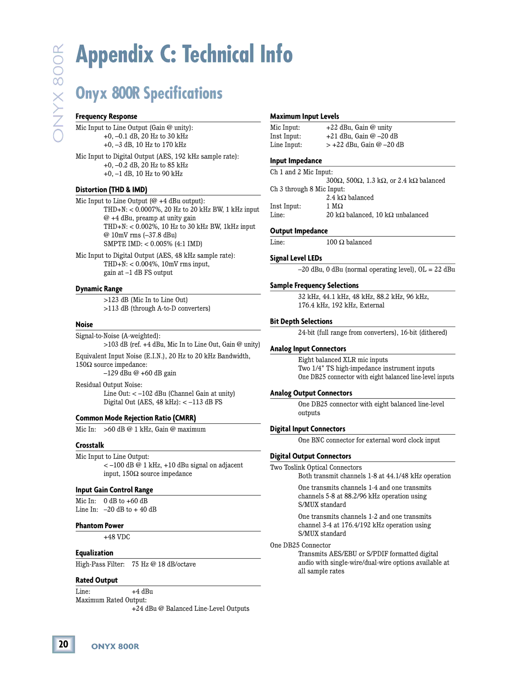 Mackie owner manual Appendix C Technical Info, Onyx 800R Speciﬁcations 