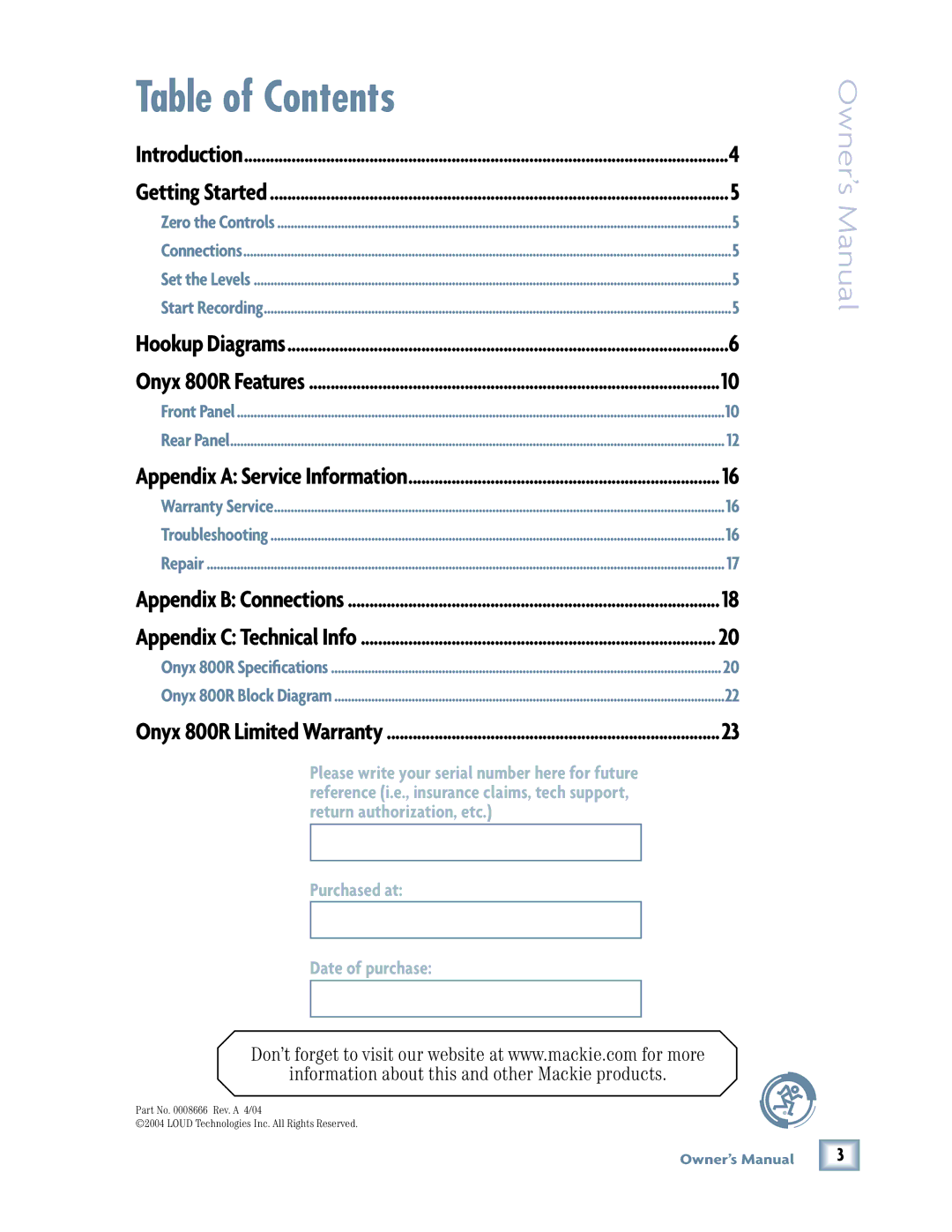 Mackie 800R owner manual Table of Contents 