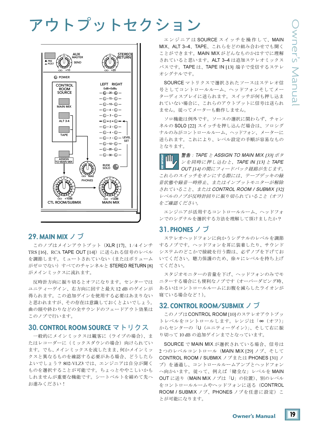 Mackie 802-VLZ3 manual アウトプットセクション, Main MIX ノブ Phones ノブ, TRS 16、RCA Tape OUT 14）に送られる信号のレベル 