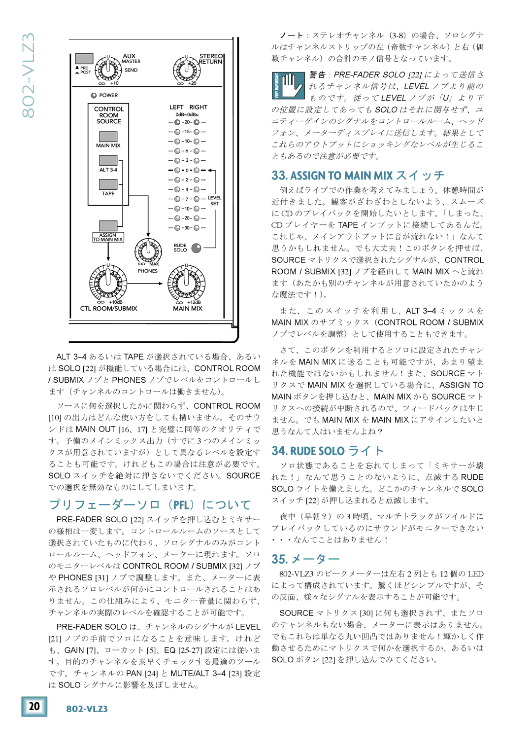 Mackie 802-VLZ3 manual Assign to Main MIX スイッチ, Rude Solo ライト, 35. メーター 