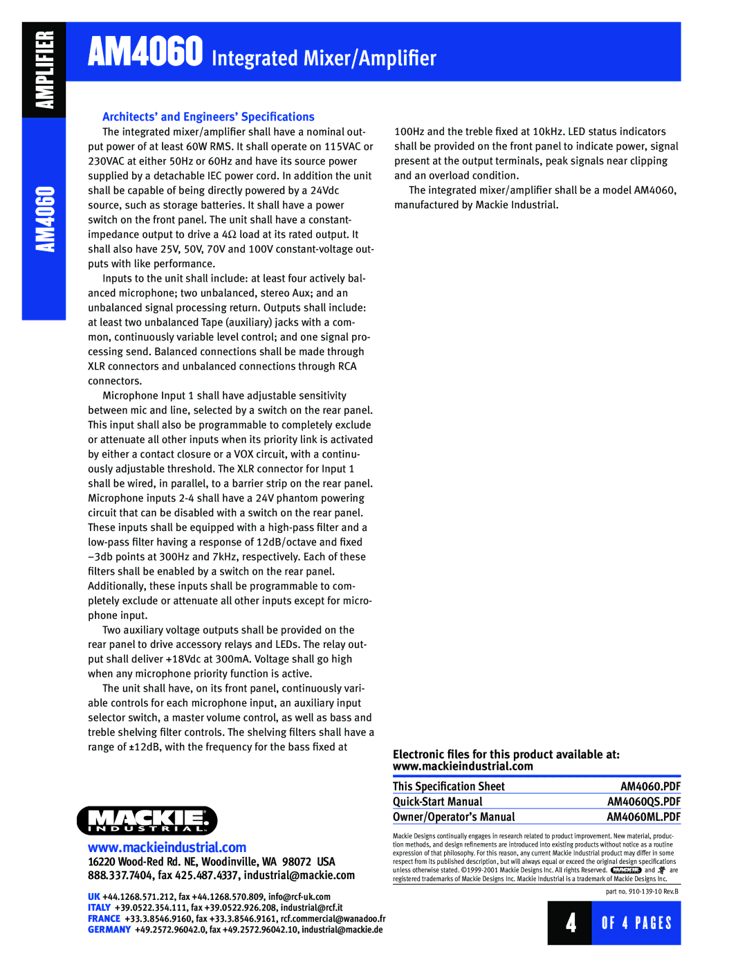 Mackie AM4060 warranty Architects’ and Engineers’ Speciﬁcations 