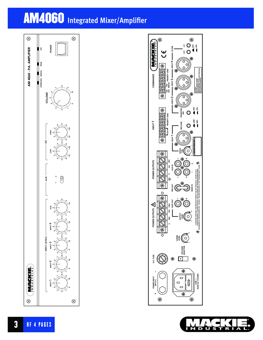 Mackie warranty O F 4 P, A G E S, AM4060 Integrated Mixer/Ampliﬁer, AM 4060 - P.A. AMPLIFIER, Volume, Input Levels 