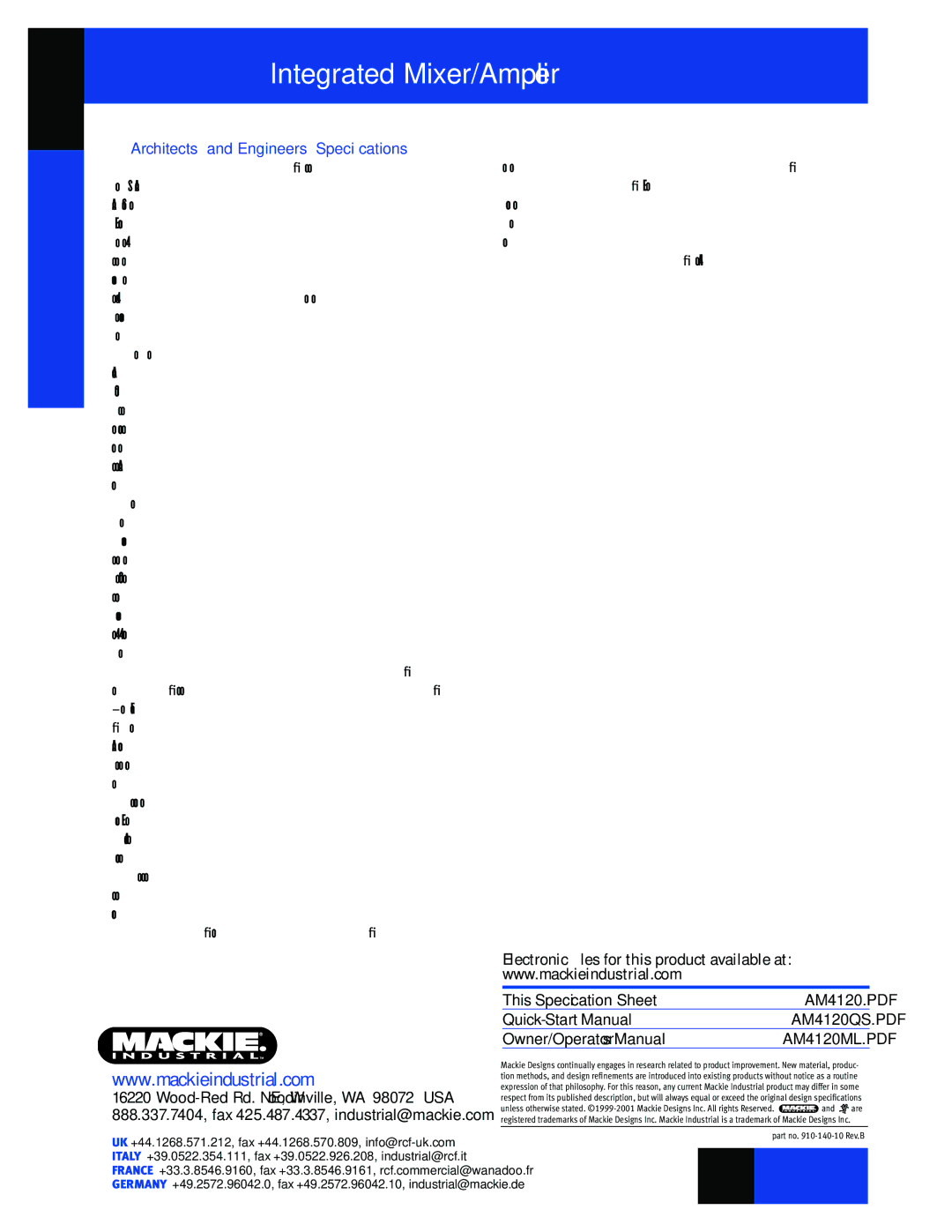 Mackie AM4120 warranty Architects’ and Engineers’ Speciﬁcations 