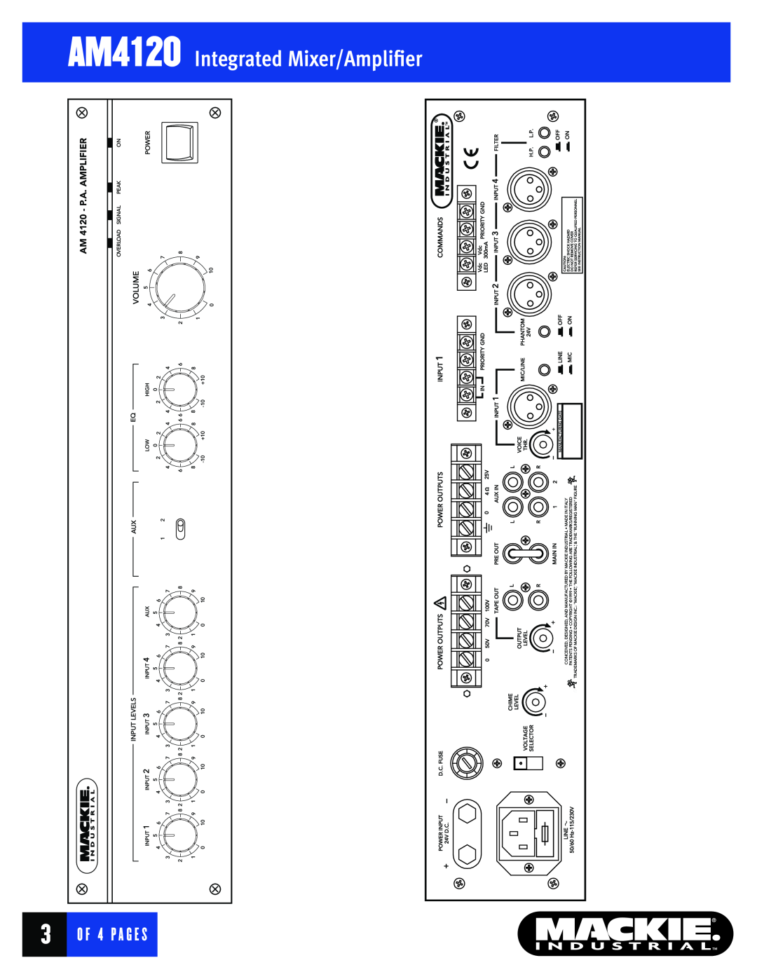 Mackie warranty AM4120 Integrated Mixer/Ampliﬁer, AM 4120 - P.A. AMPLIFIER, A G E, Volume 
