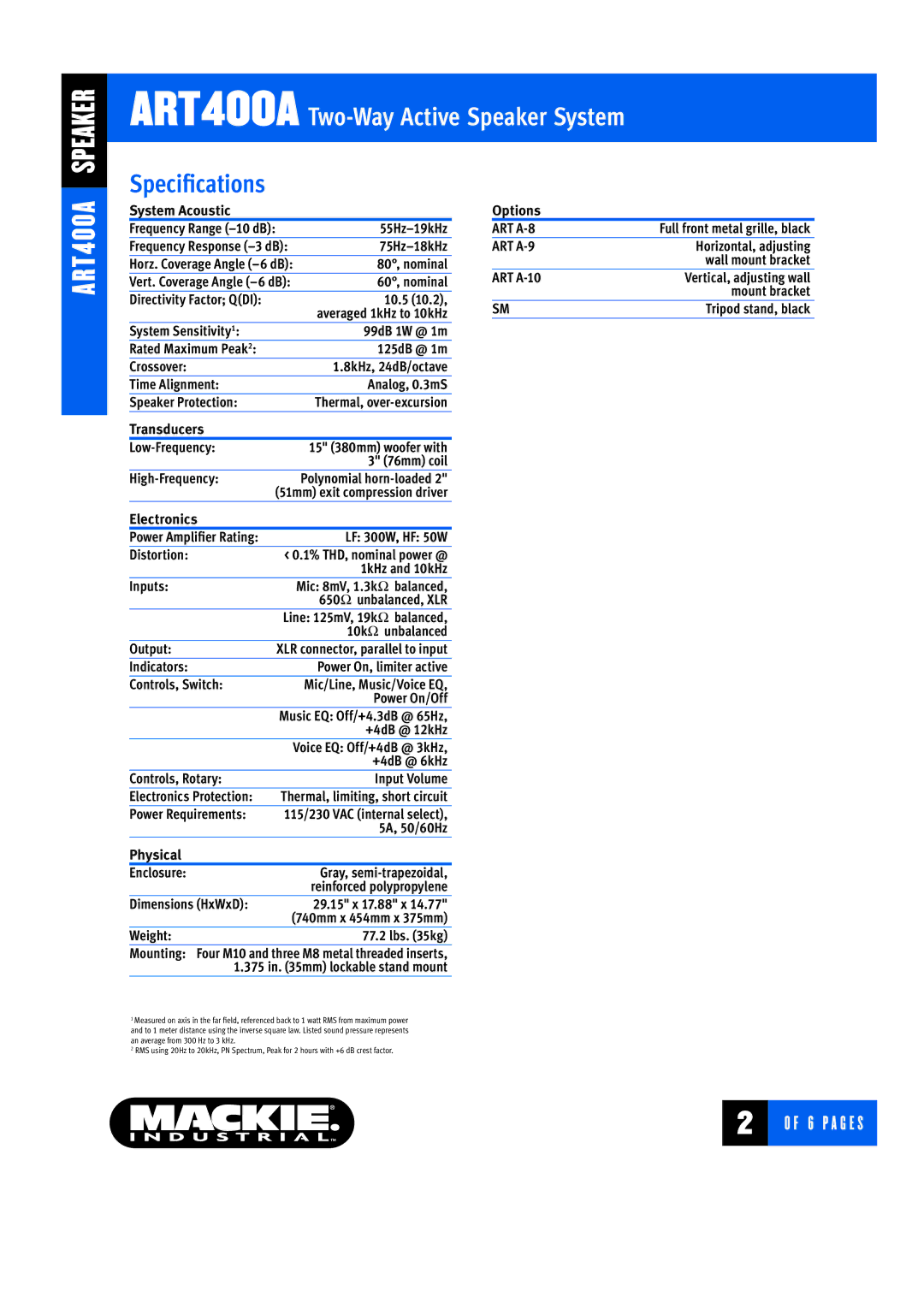 Mackie ART400A System Acoustic, 55Hz-19kHz, 75Hz-18kHz, 80, nominal, 60, nominal, 10.5, System Sensitivity1 99dB 1W @ 1m 