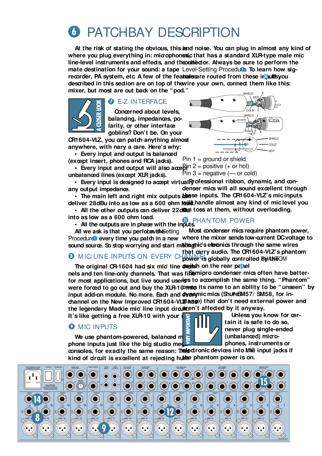 Mackie CR1604 - VLZ owner manual Patchbay Description, Interface, MIC Inputs, Phantom Power 