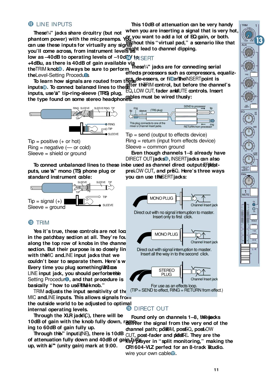 Mackie CR1604 - VLZ owner manual Line Inputs, Trim, Insert, Direct OUT 