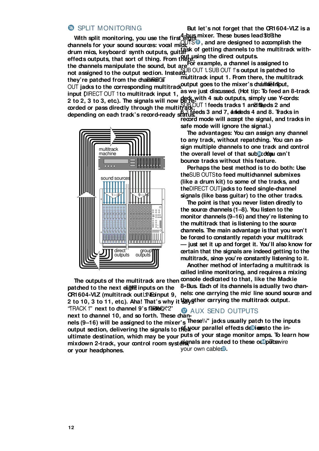 Mackie CR1604 - VLZ owner manual Split Monitoring, AUX Send Outputs, Outputs of the multitrack are then 