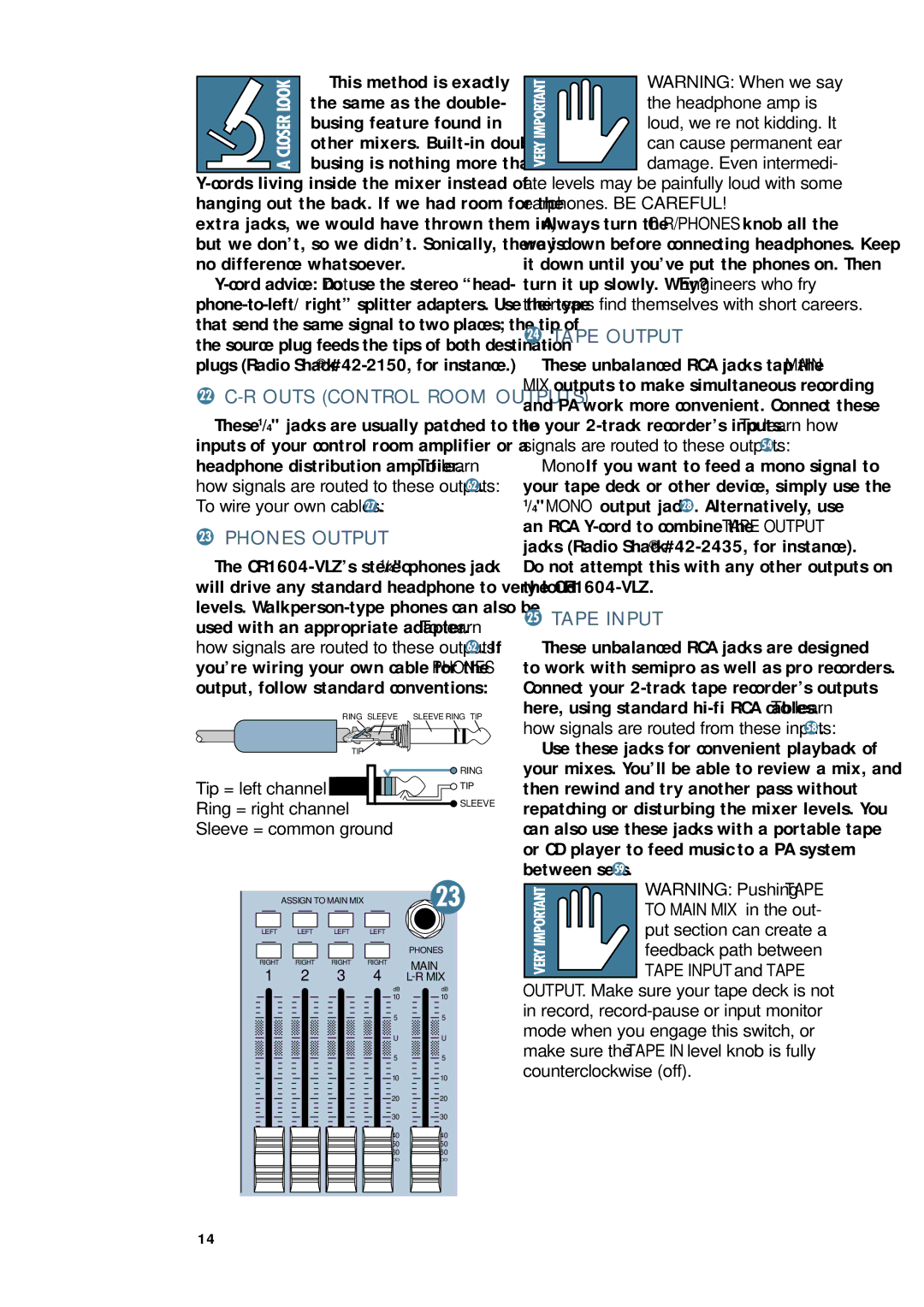 Mackie CR1604 - VLZ owner manual Phones Output, Tape Output, Tape Input 