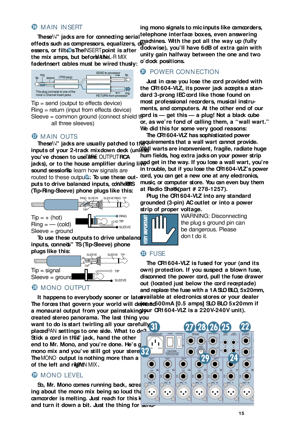 Mackie CR1604 - VLZ owner manual Main Insert, Main Outs, Mono Output, Mono Level, Power Connection, Fuse 