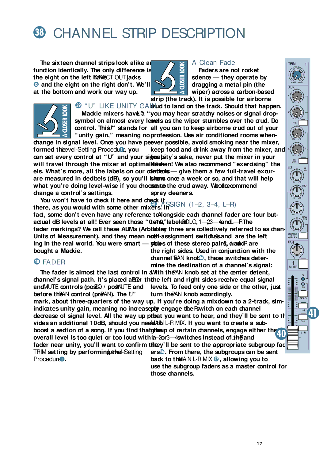 Mackie CR1604 - VLZ owner manual Channel Strip Description, Fader, Clean Fade, Assign 1-2, 3-4, L-R 