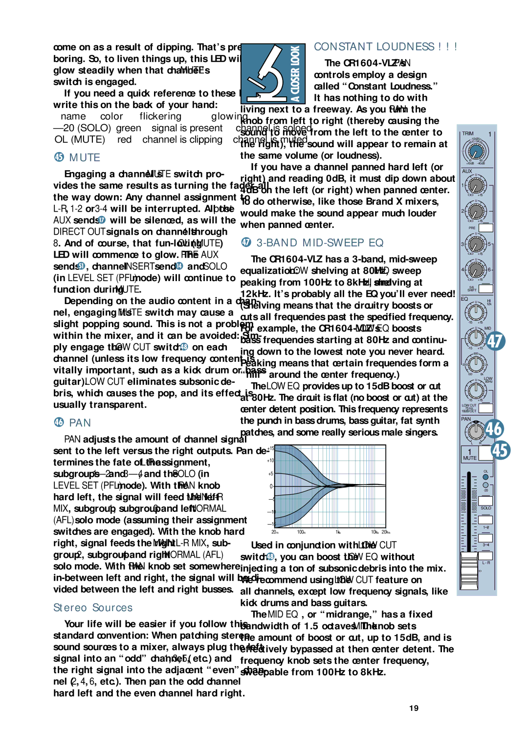 Mackie CR1604 - VLZ owner manual Mute, Pan, Stereo Sources, Constant Loudness, Band MID-SWEEP EQ 