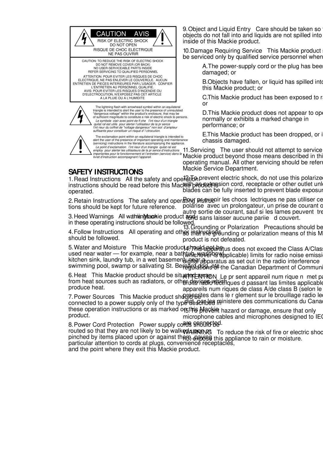 Mackie CR1604 - VLZ owner manual Safety Instructions 