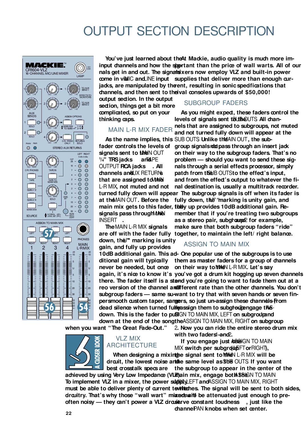 Mackie CR1604 - VLZ owner manual Output Section Description, VLZ MIX Architecture, Subgroup Faders, Assign to Main MIX 