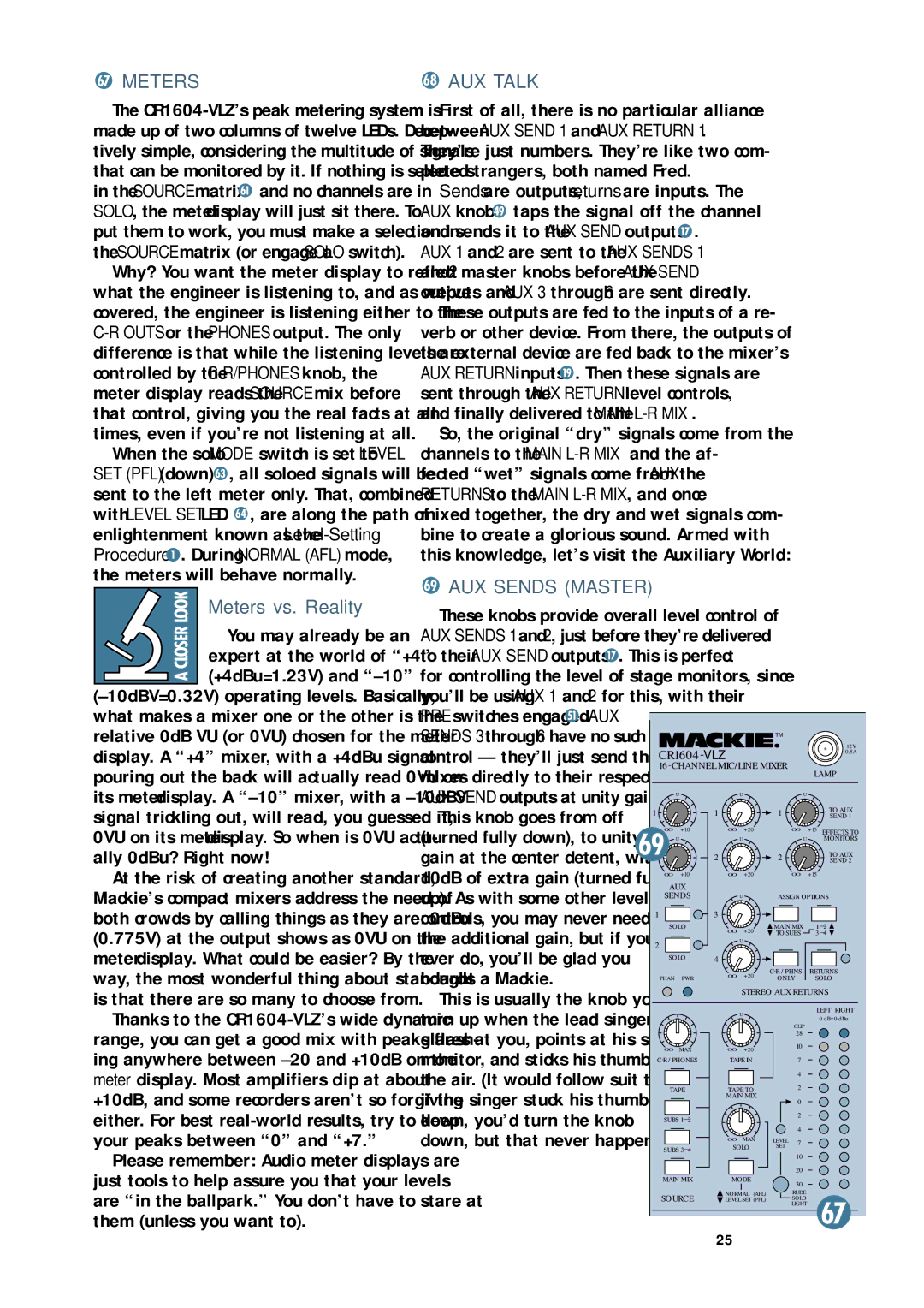 Mackie CR1604 - VLZ owner manual AUX Talk, AUX Sends Master, Meters vs. Reality 