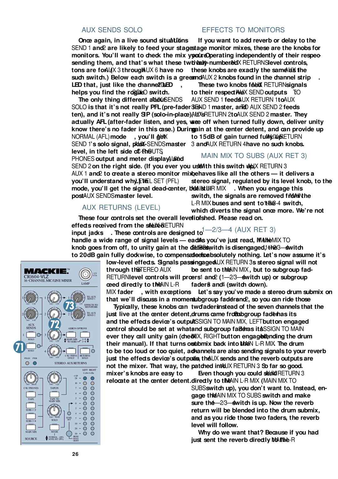 Mackie CR1604 - VLZ owner manual AUX Sends Solo, AUX Returns Level, Effects to Monitors, Main MIX to Subs AUX RET, Aux Ret 