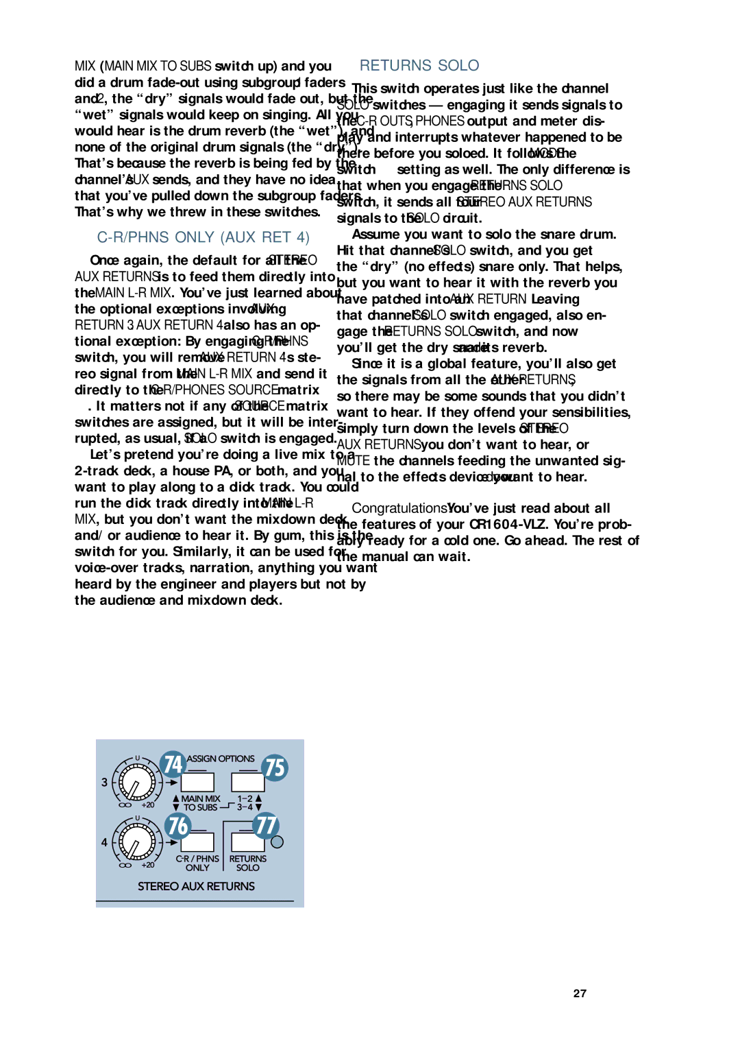 Mackie CR1604 - VLZ owner manual Phns only AUX RET, Returns Solo 