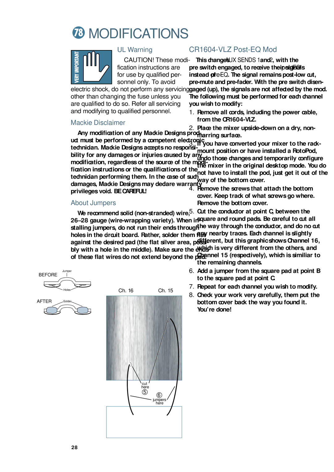 Mackie CR1604 - VLZ owner manual UL Warning, Mackie Disclaimer, About Jumpers 